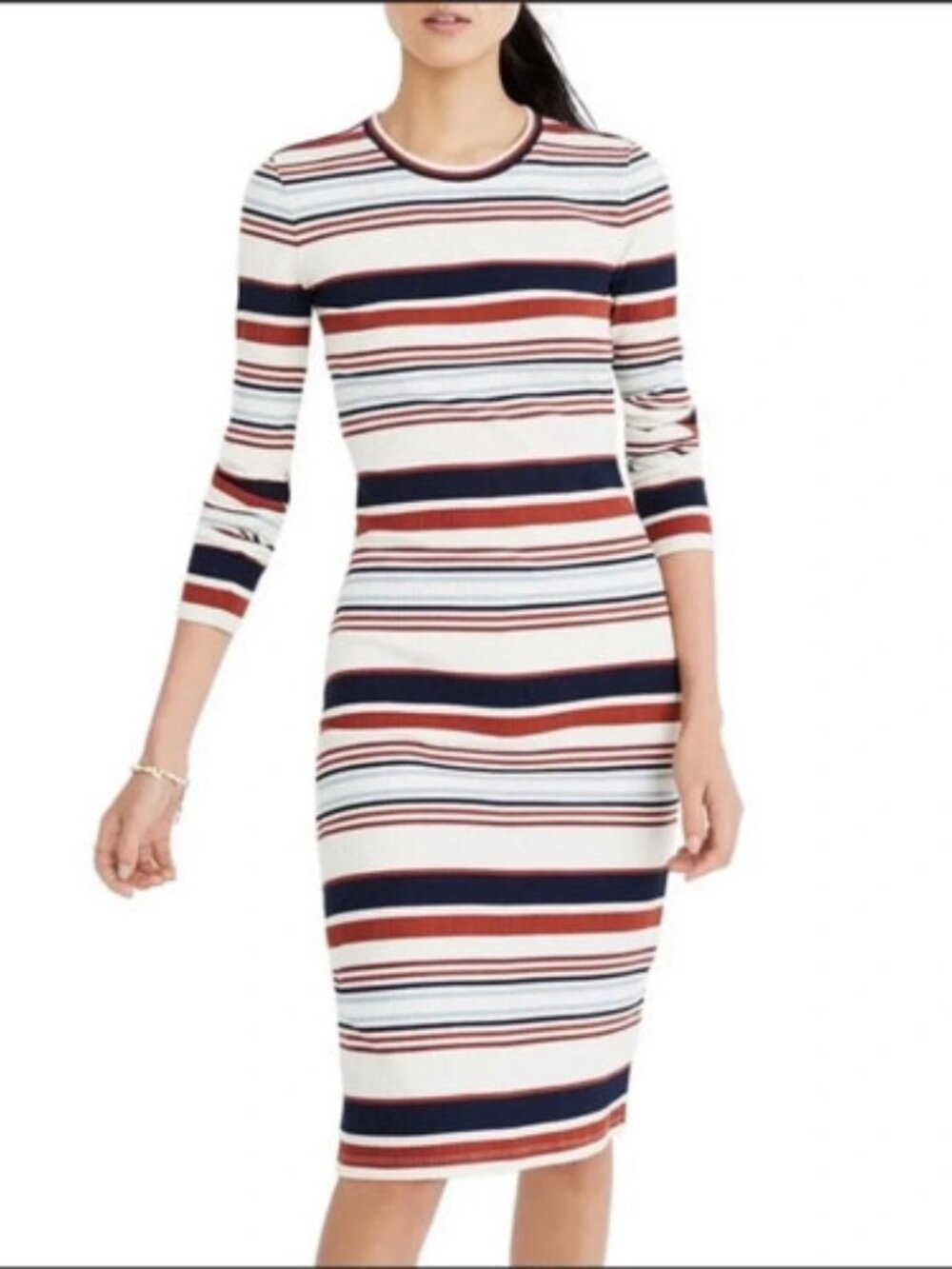 Madewell Ribbed Multistripe Crewneck Long Sleeve Midi Stretchy Dress Size L